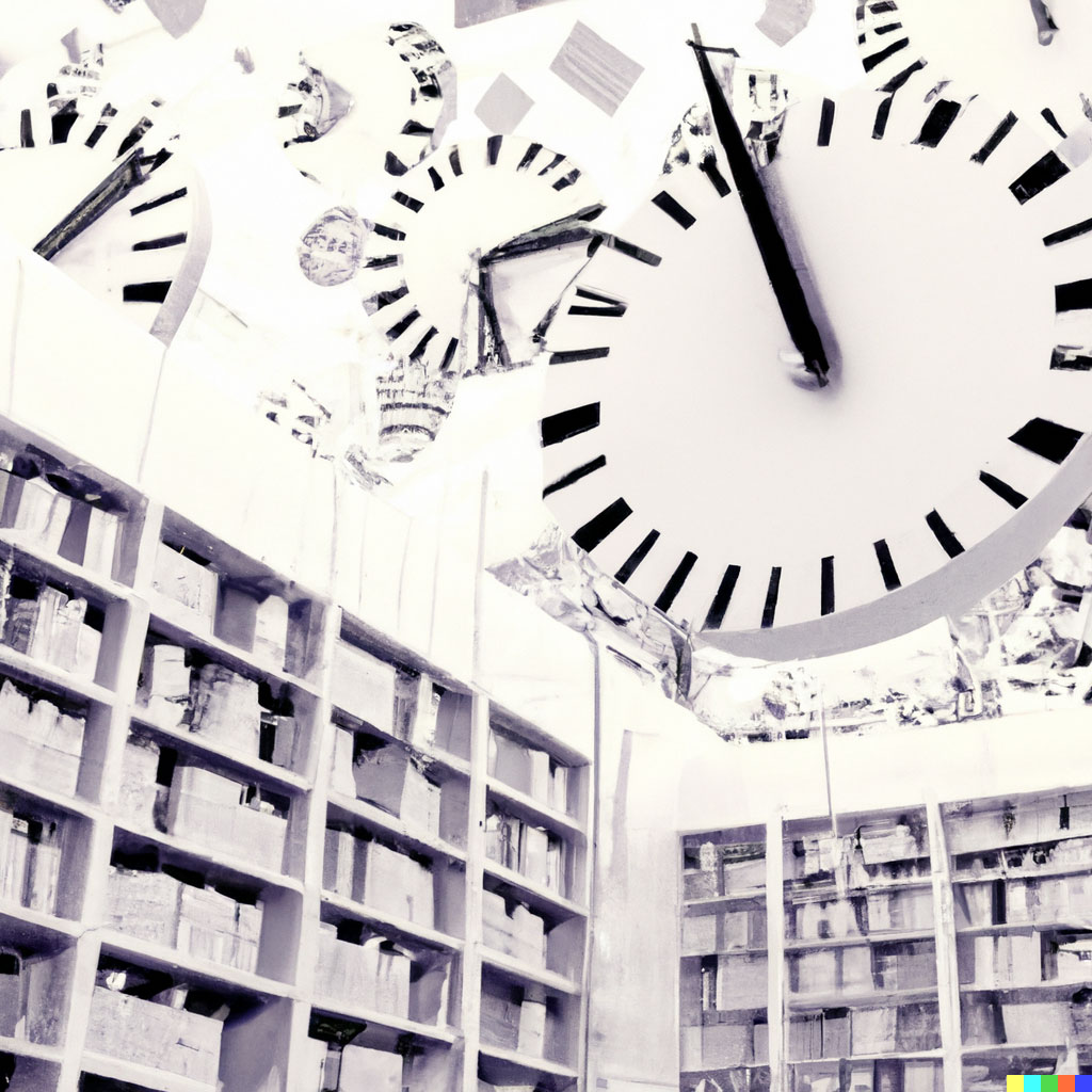 DALL·E prompt: digital art of a clean aseptic futuristic modern library full of clocks